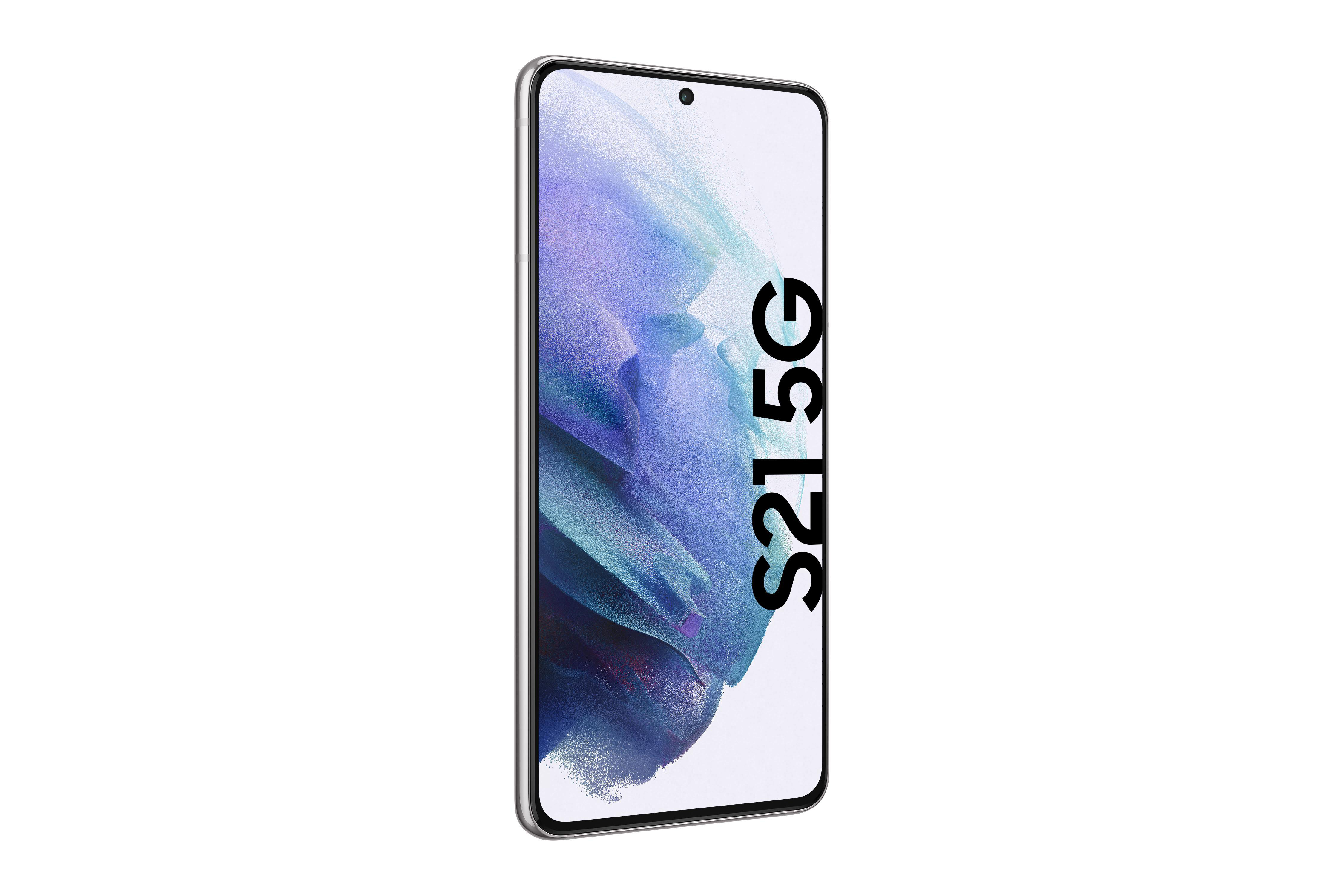 Ein grünes Smartphone mit dem Text 'S21 5G' auf dem Bildschirm. Weißer Hintergrund.