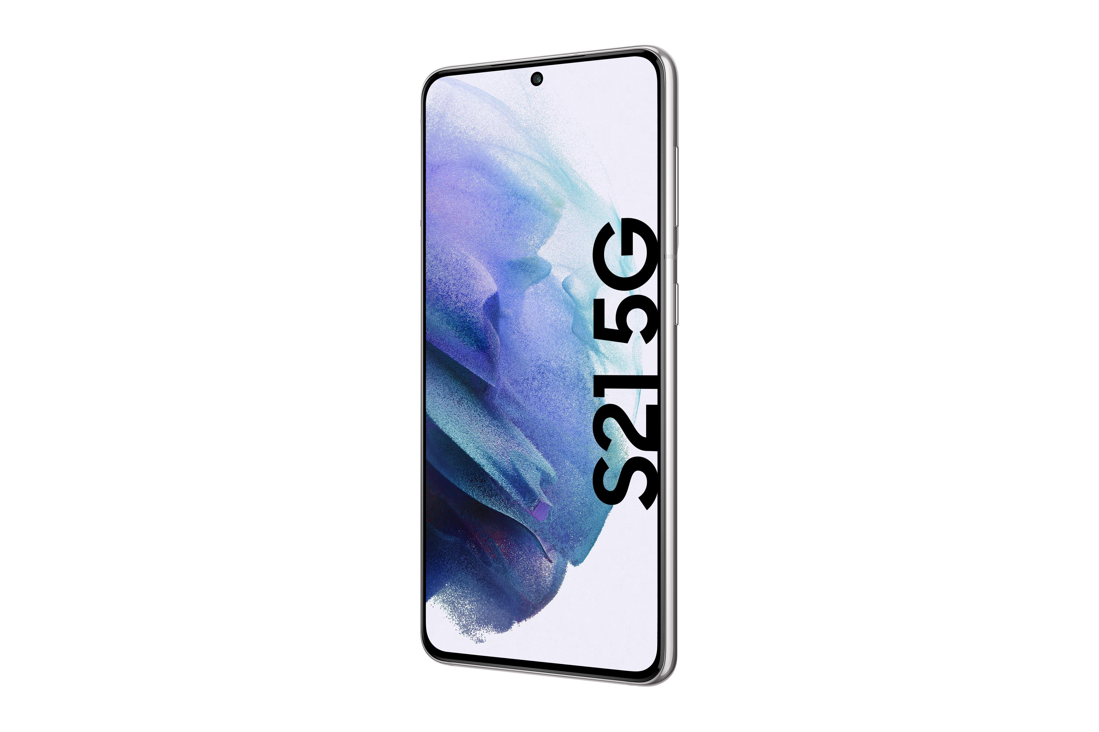 Ein Samsung S21 5G-Telefon, schräge Ansicht. Der Bildschirm zeigt ein farbenfrohes Bild, mit 'S21 5G'.