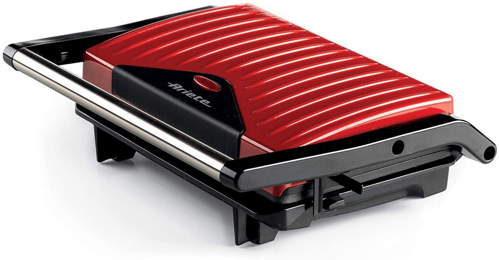 Grill Ariete 1229 potencia 750w capa antiadherente rojo 1929 slim panini 750 indicador luminoso encendidoapagado plancha superior basculante termonstato para regular temperatura