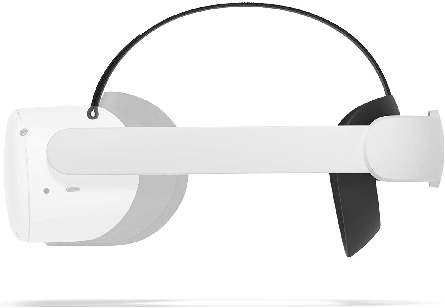Ein weißes VR-Headset mit schwarzem Riemen, von der Seite betrachtet.