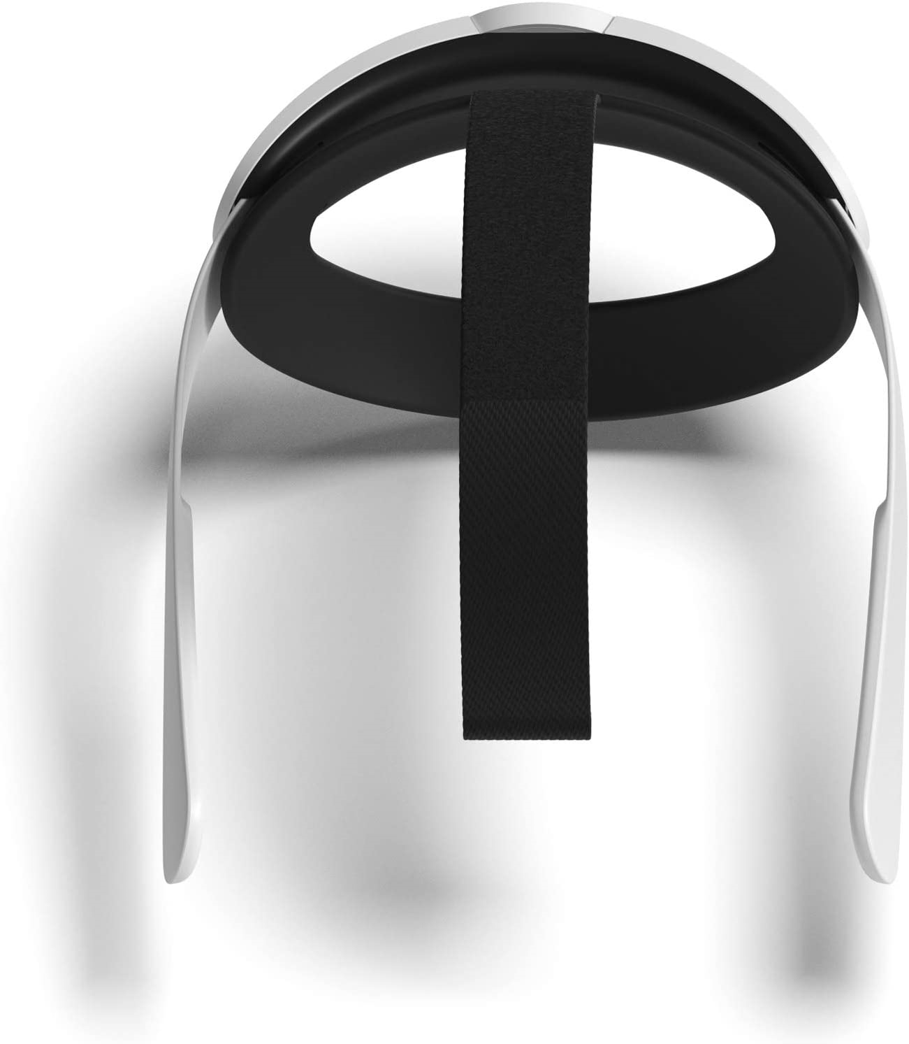 VR-Headset, weiß, mit schwarzem Riemen, isoliert auf weißem Hintergrund.