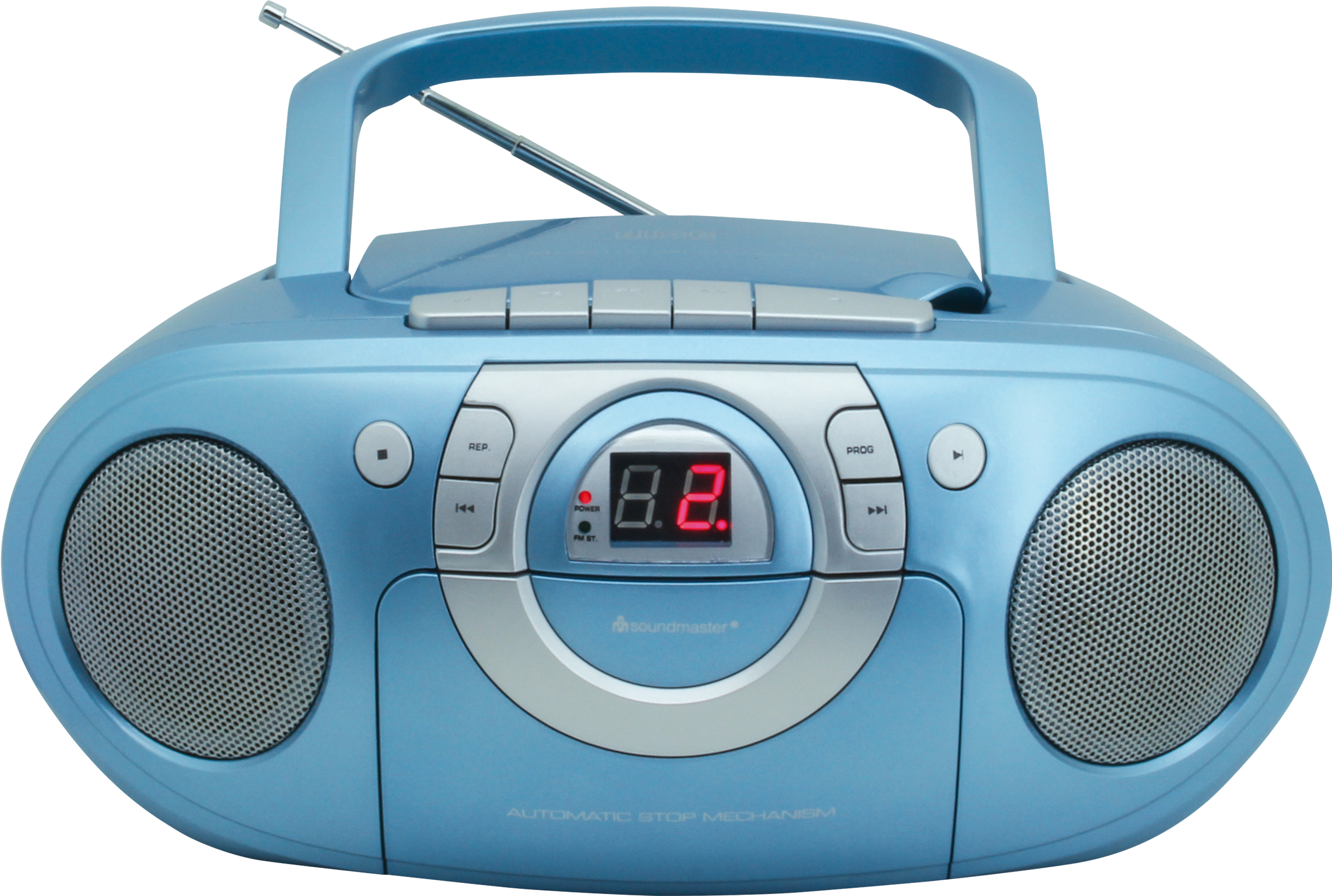 Un lecteur boombox bleu clair avec affichage numérique et antenne.