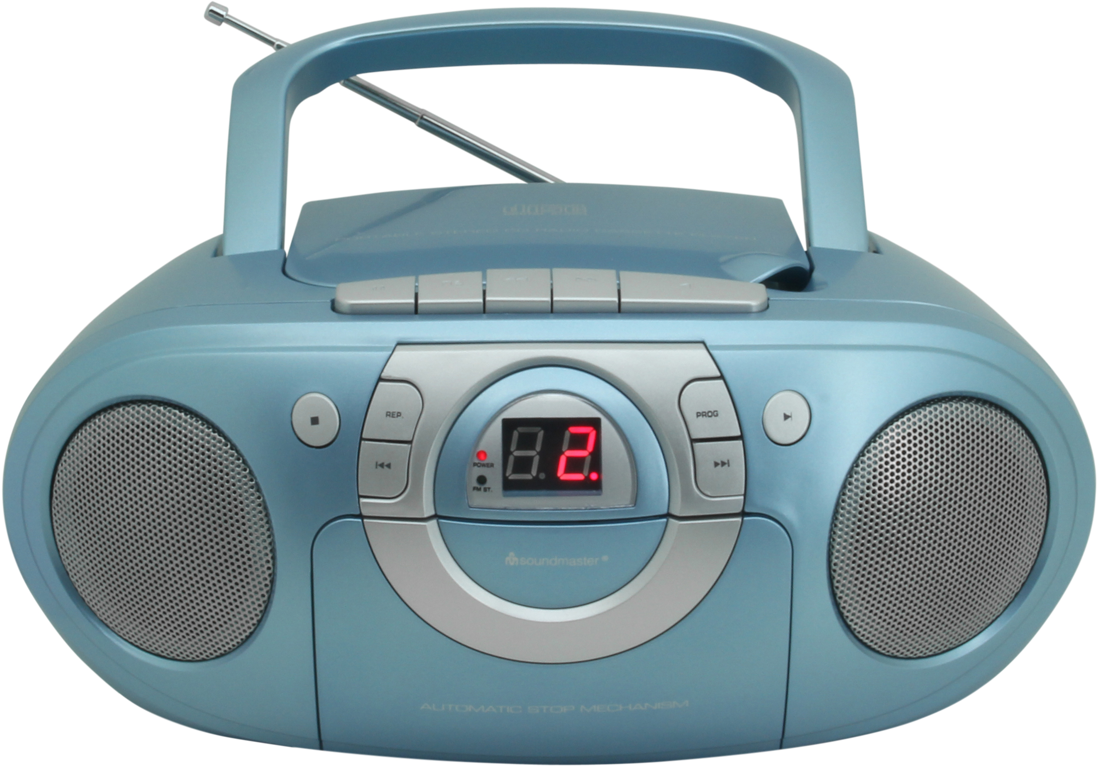 Boombox bleu ciel avec lecteur CD et radio.