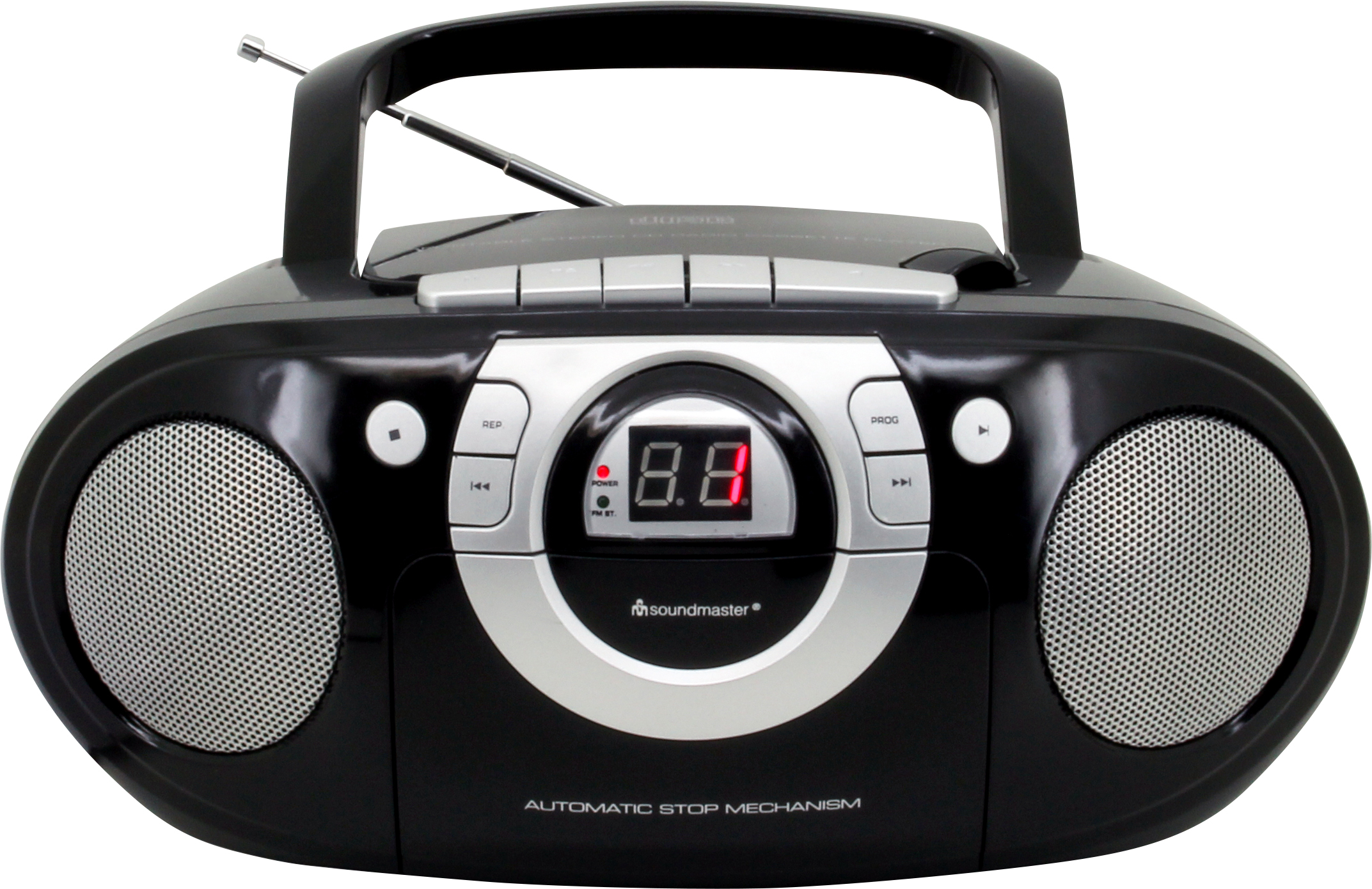 Boombox noire avec des accents argentés. Elle a des haut-parleurs, des boutons et un écran numérique.