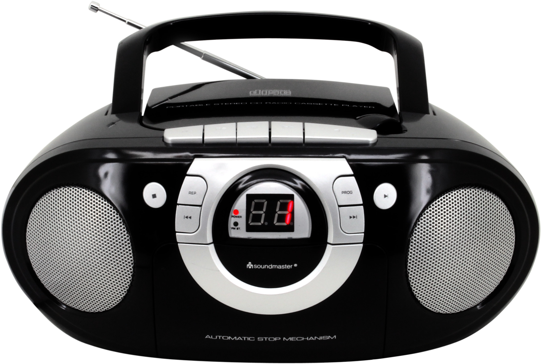 Boombox noire avec haut-parleurs, affichage numérique et boutons. Antenne déployée. Fond blanc.
