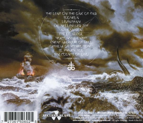 Achterkant van het album met tekst. Een zee met een brandende boot en een monster. Nuclear Blast-logo onderaan.