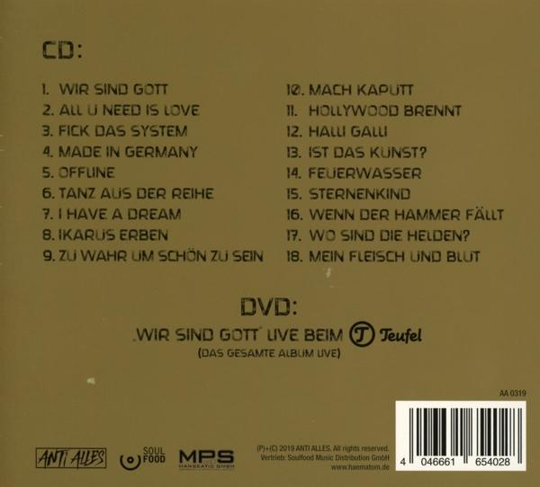 Rückseite einer CD-Hülle mit deutschem Text, darunter Titelliste und Copyright-Details.
