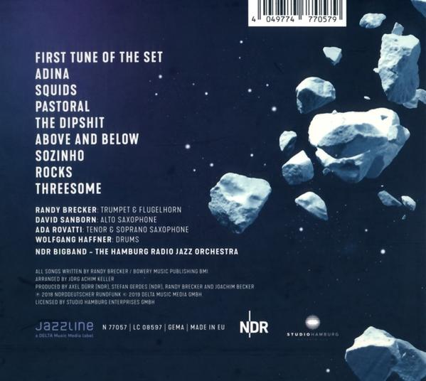 Rückseite einer CD mit Titelliste und Informationen über ein Album mit abstraktem Hintergrund.