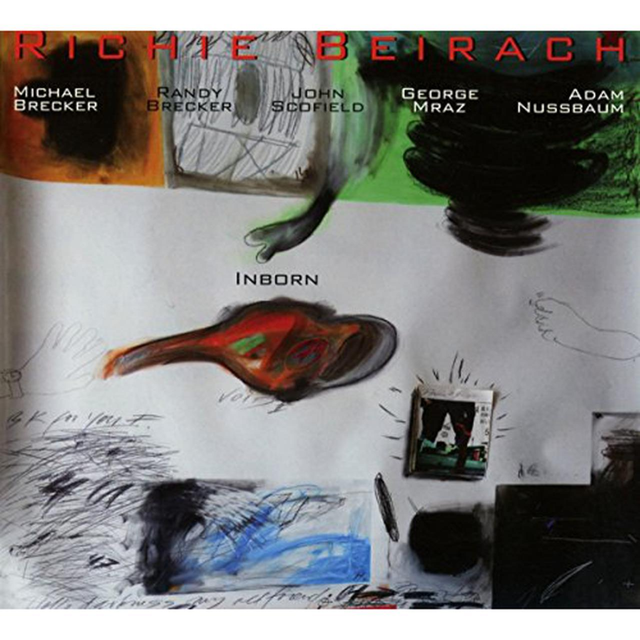 Albumcover mit Zeichnungen und Text. Namen der Musiker oben. Zeichnung einer schwarzen Form.