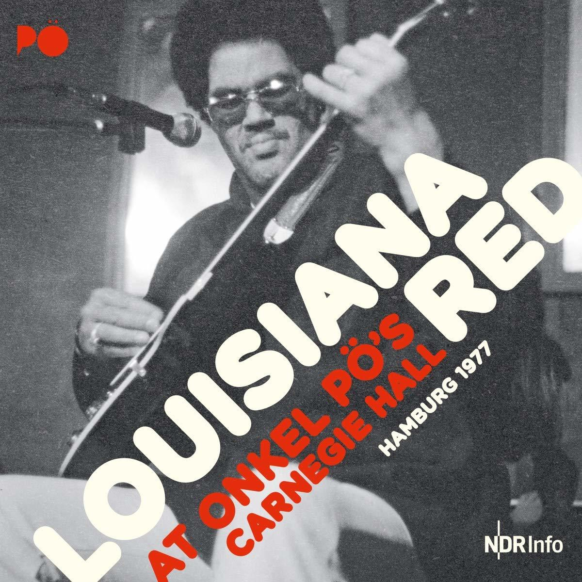 Albumcover eines Mannes, der Gitarre spielt, mit 'Louisiana Red' und Veranstaltungsdetails.