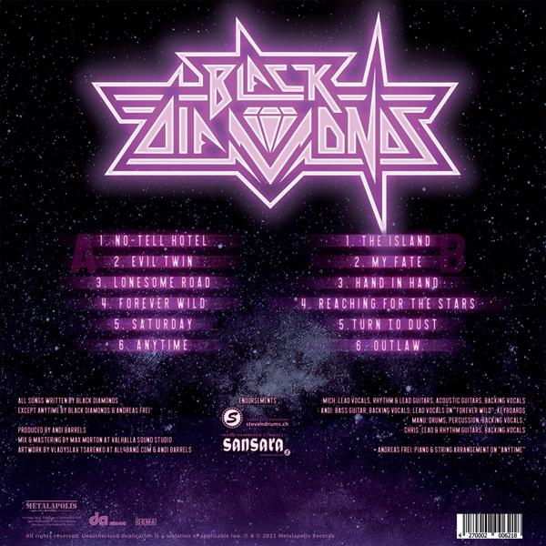 Rückseite des Black Diamonds Albums. Text, Logo und Songtitel sind sichtbar.