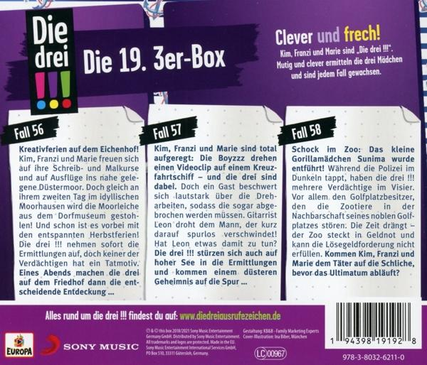 Rückseite eines Buches mit deutschem Text, der drei Detektive und einen Fall beschreibt.