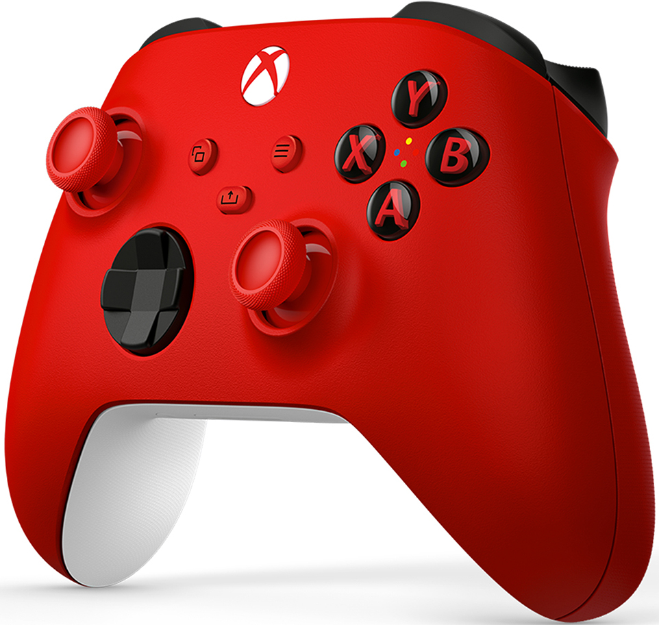 Red Xbox controller with black buttons and white accents. Xbox logo at the top.