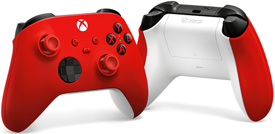 Red and white Xbox controller with buttons visible, back showing Xbox logo.