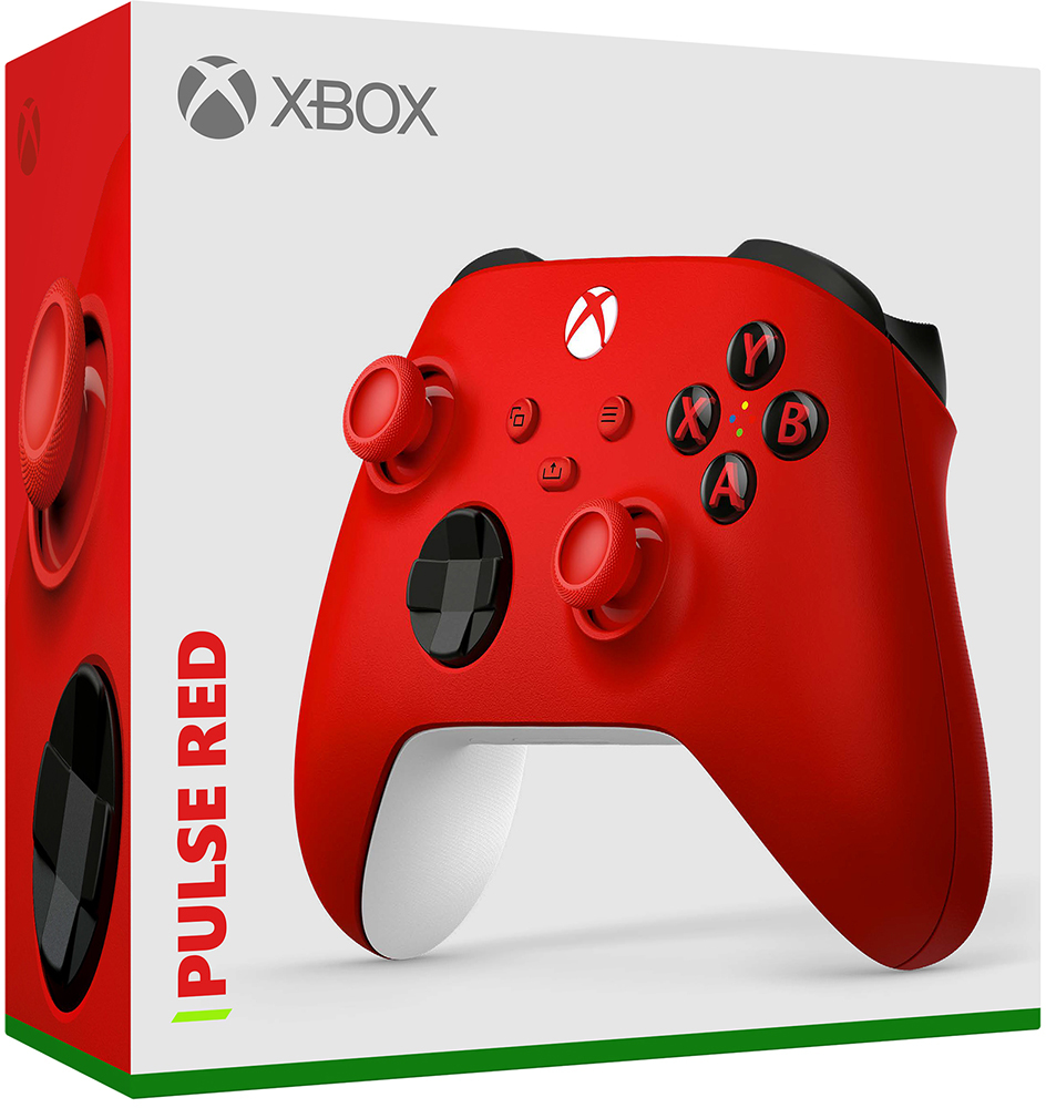 Red Xbox controller in box. Red controller with white accents and a black box.