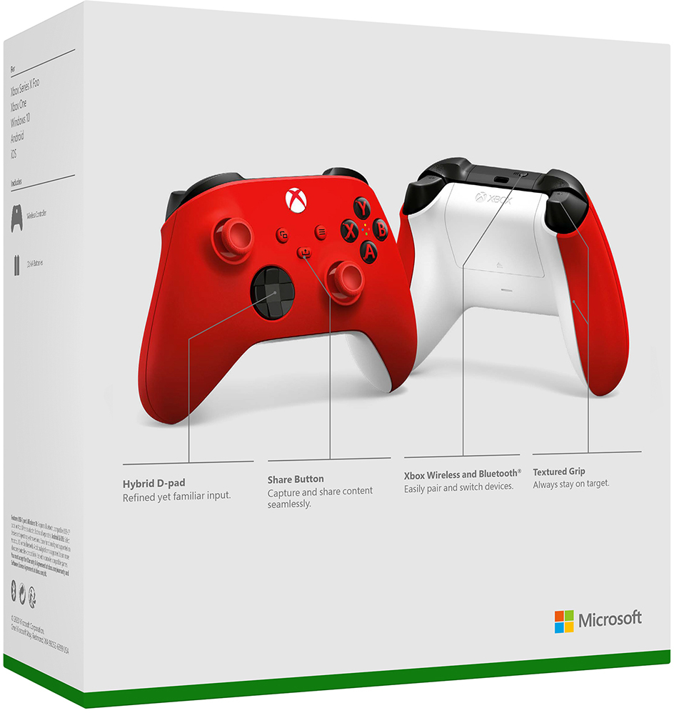 Box with two Xbox controllers; one red, one white. Text describes features and brand.
