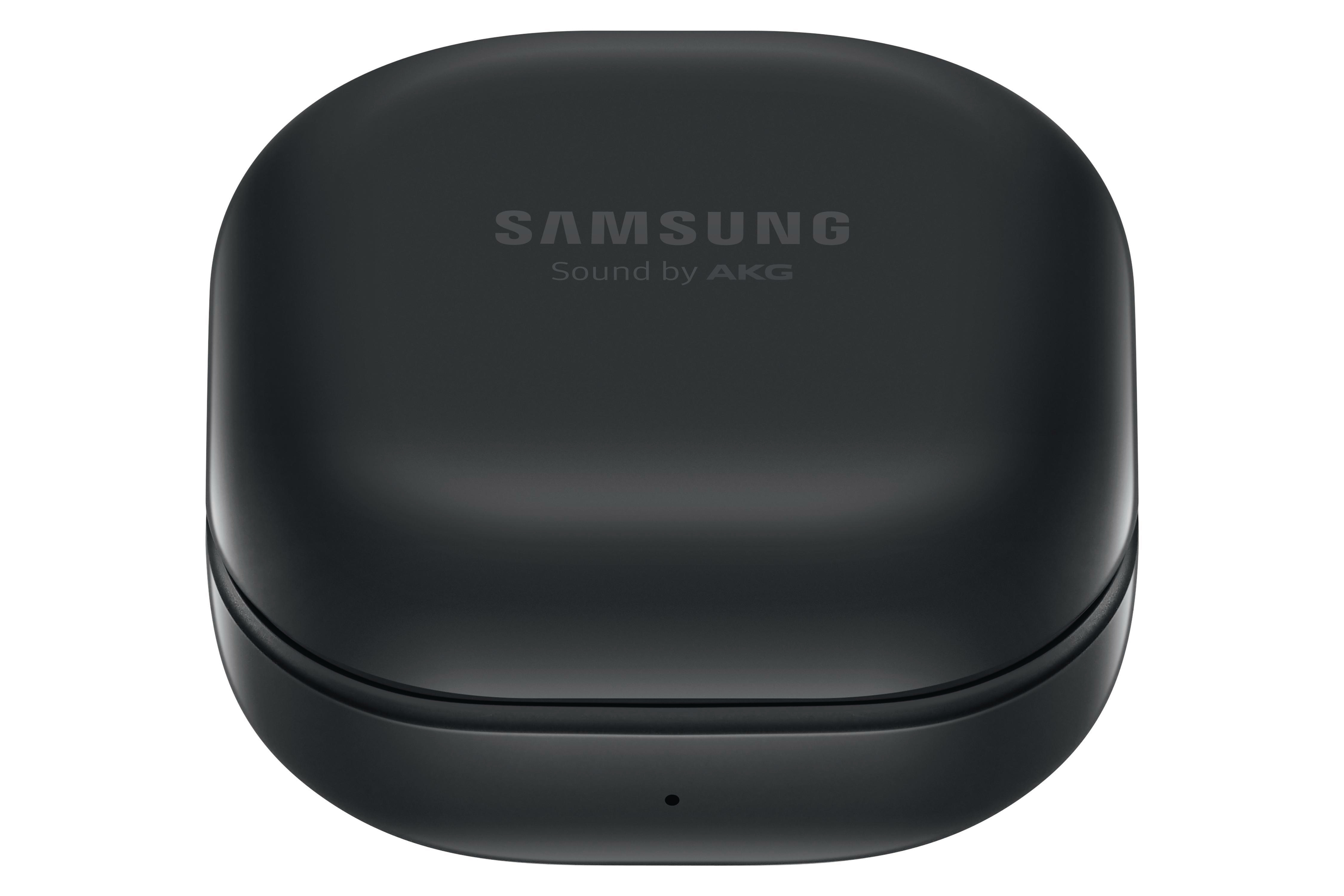 Schwarzes Samsung Galaxy Buds-Etui. Samsung- und AKG-Branding auf der Oberseite des Etuis.