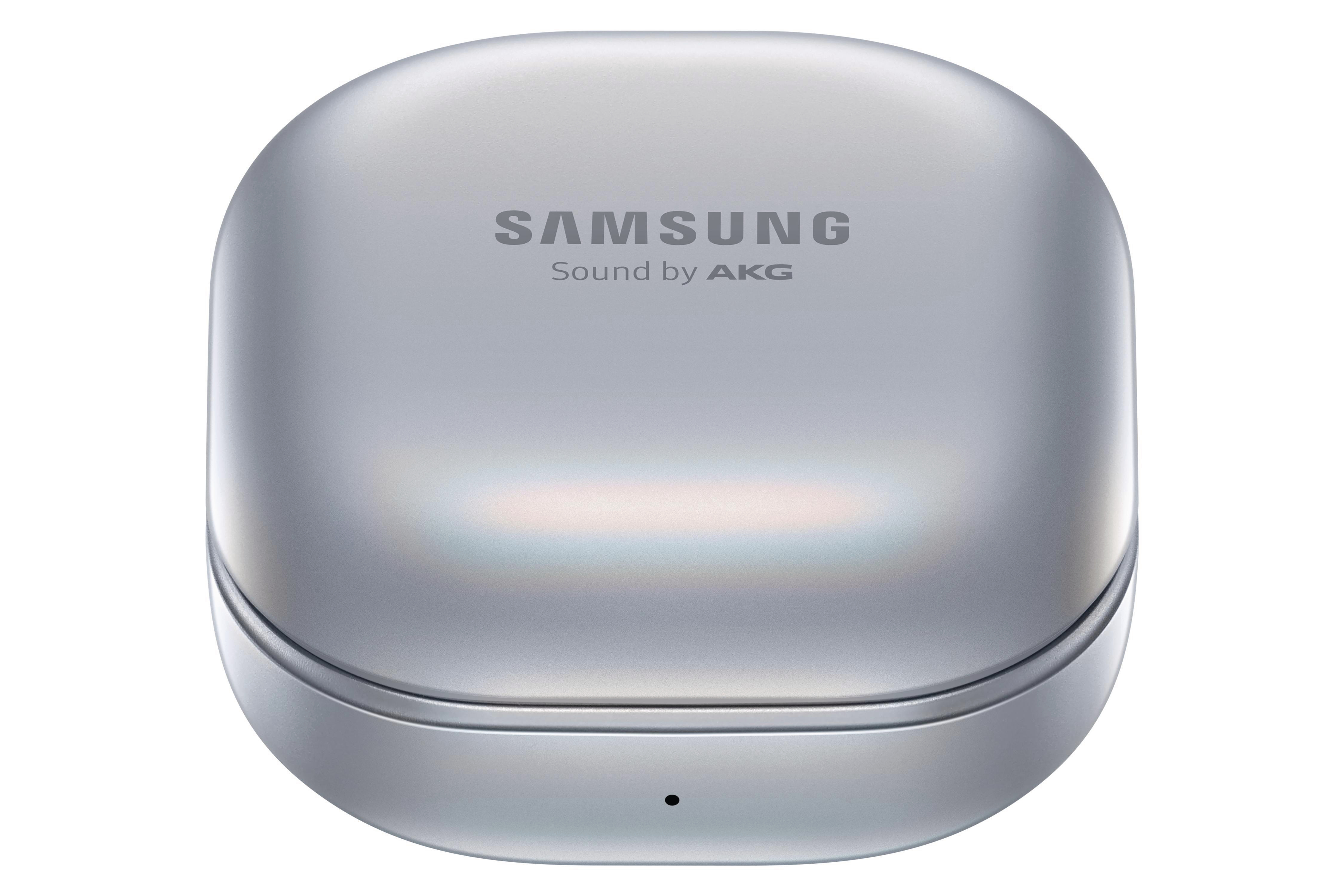 Silbernes, geschlossenes Samsung Galaxy Buds-Etui. Samsung- und AKG-Logo oben.