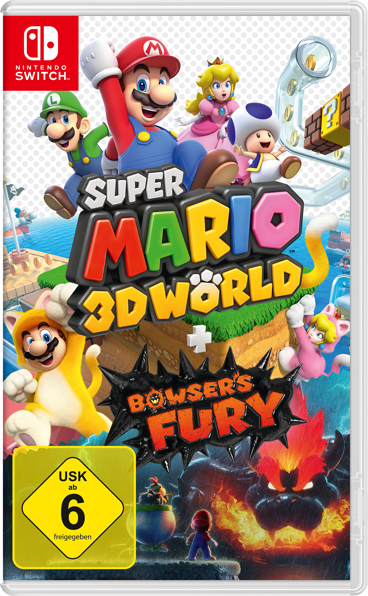 Spielcover mit Mario-Charakteren, Titel: Super Mario 3D World + Bowser's Fury.
