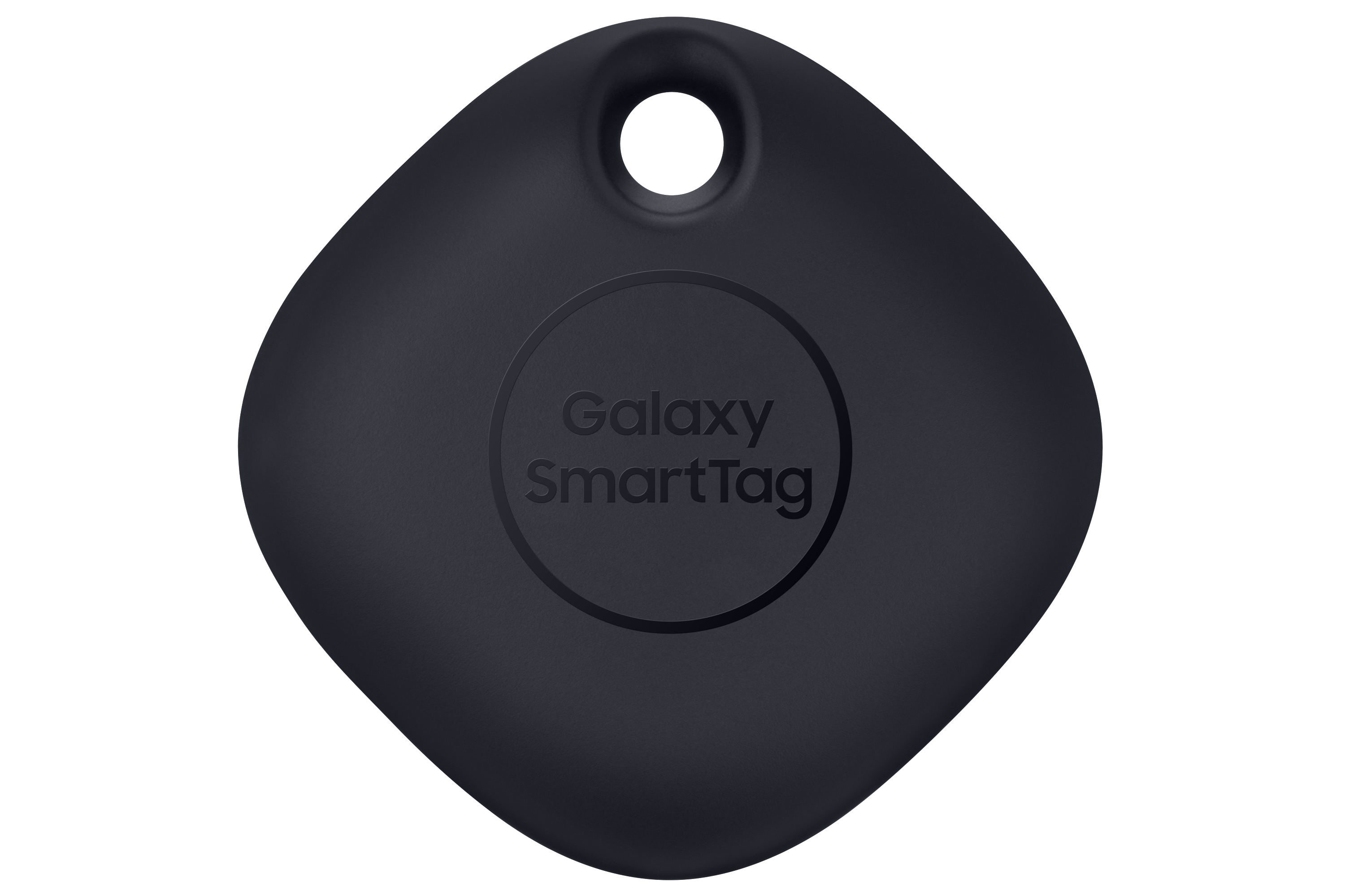 Schwarzes Samsung Galaxy SmartTag. Es ist ein kleines, rundes Gerät mit Loch.