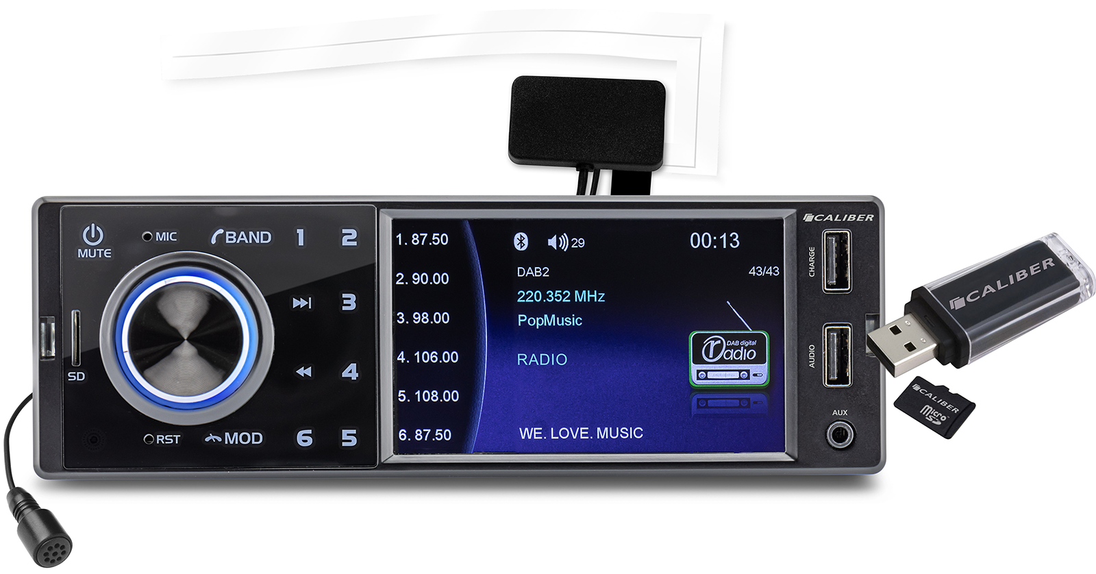 Car stereo system with a screen, USB and aux ports. Includes a USB drive and SD card.