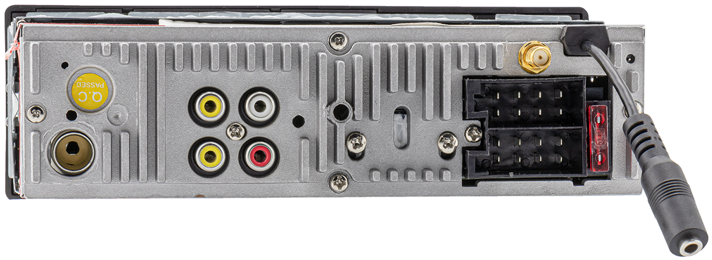 Rear view of a car stereo with various input/output ports and a power cable.