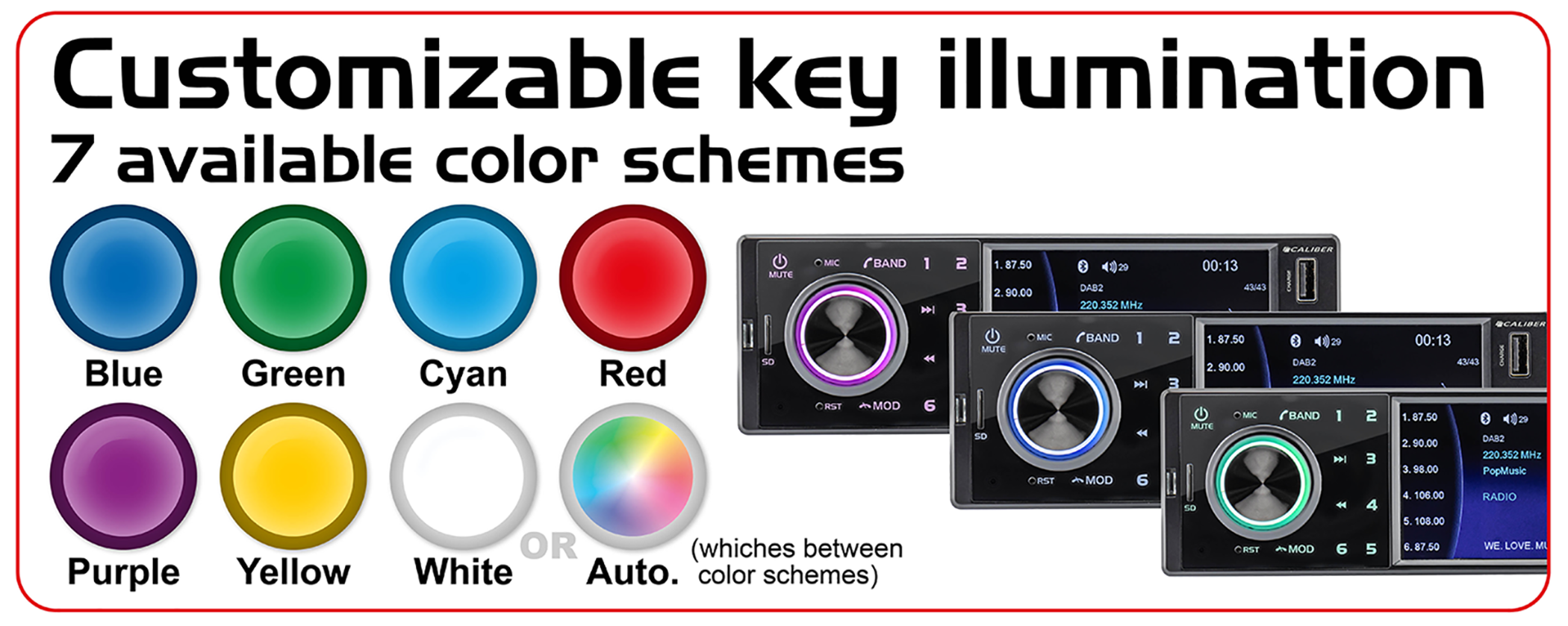 Car stereo display showing different colors and the available color schemes.