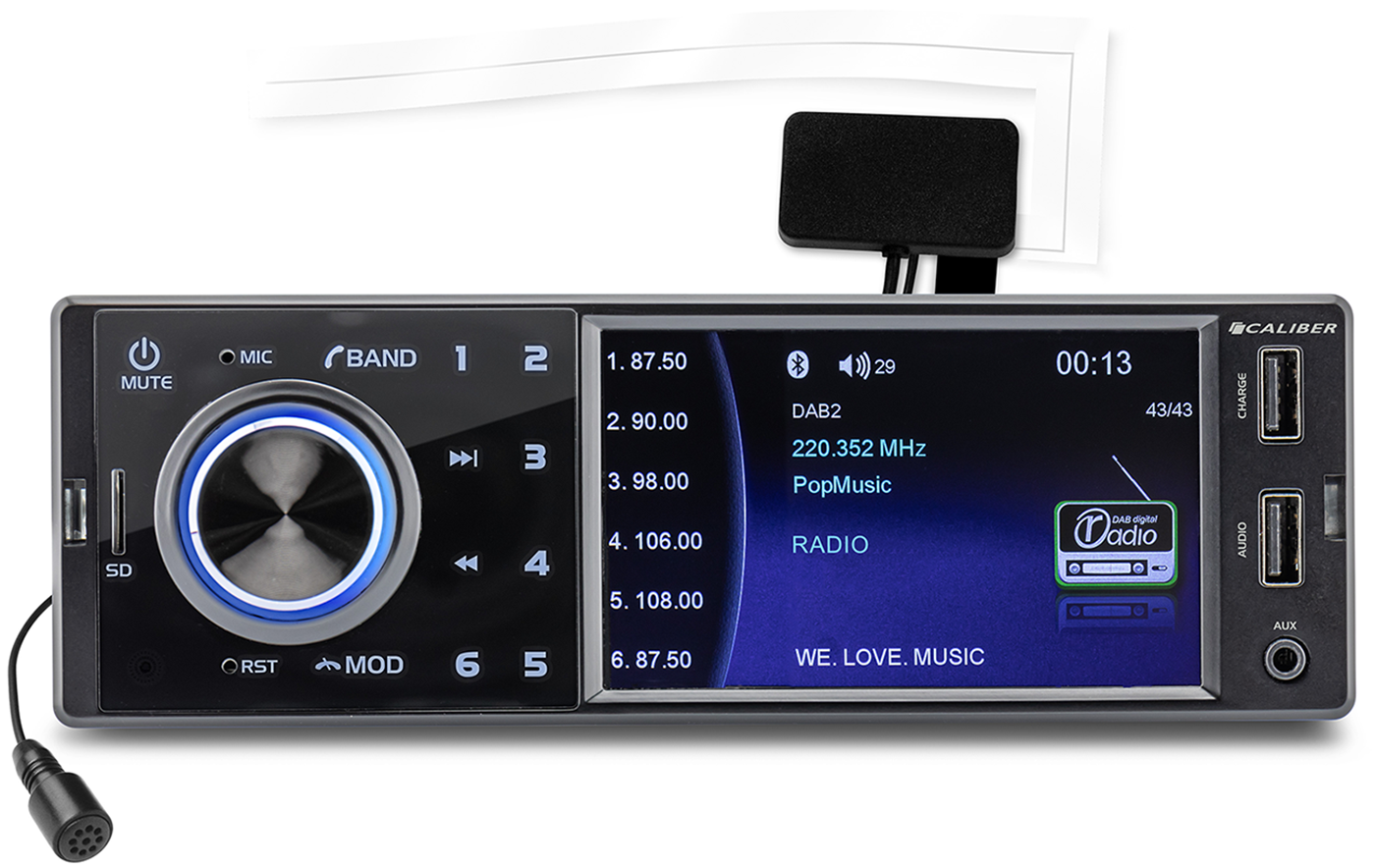 Car radio with display. Buttons, screen, and microphone. Black and silver. White background.