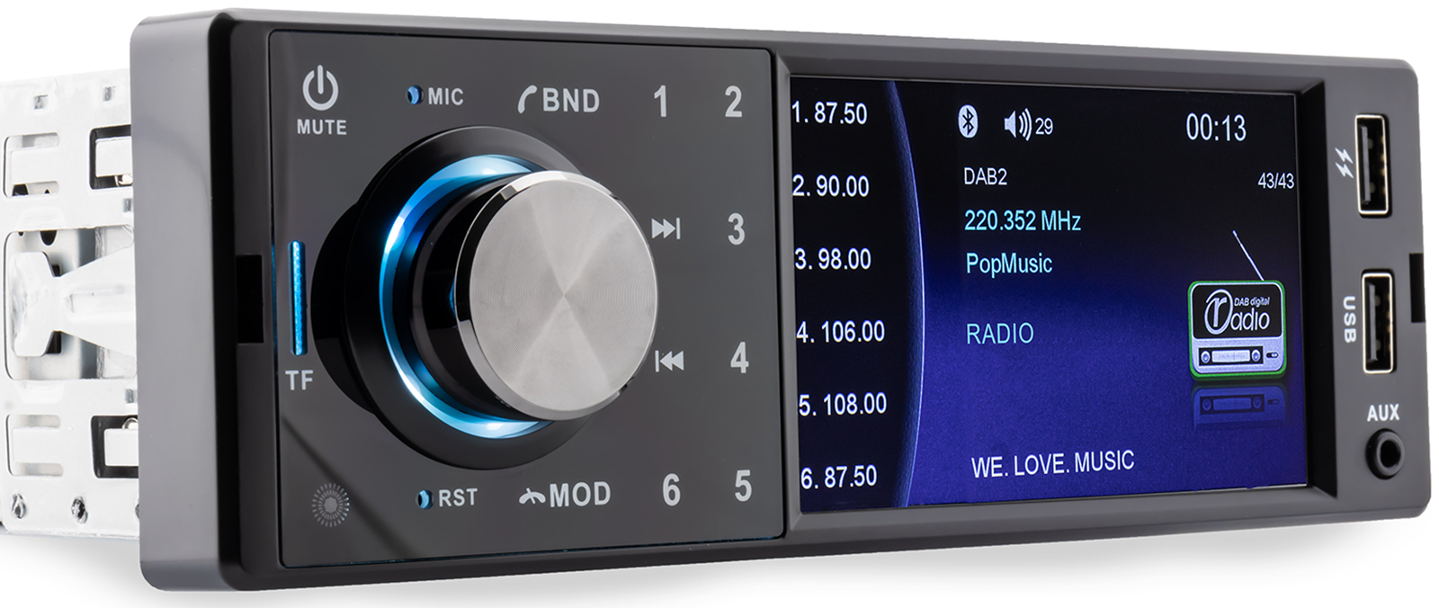 Car stereo with a screen and buttons. The display shows radio information.