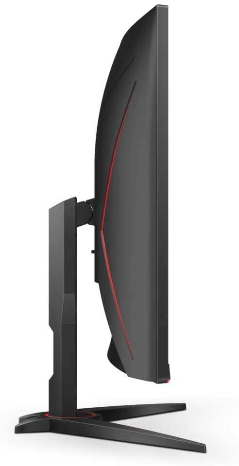 Seitenansicht eines schwarzen Computermonitors mit roten Akzenten und Ständer, vor weißem Hintergrund.