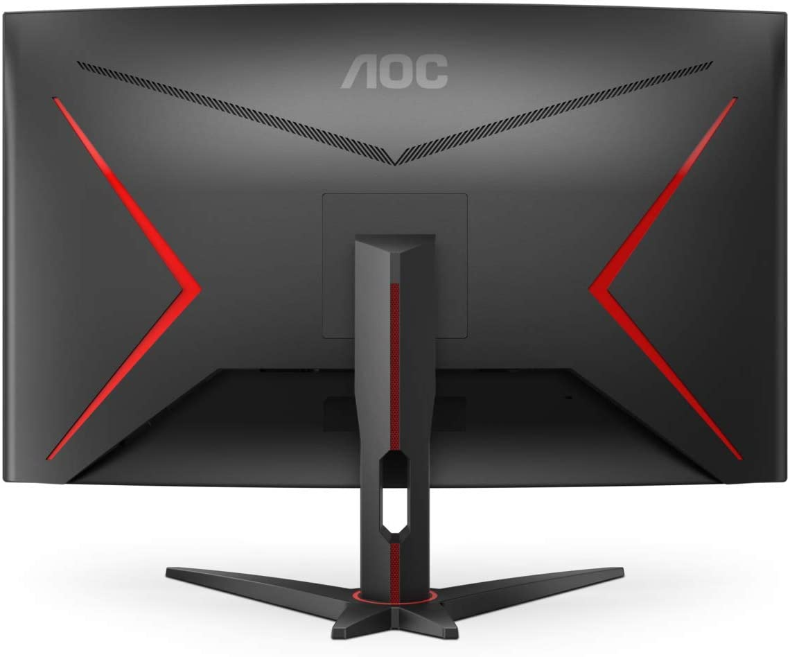 Rückansicht eines schwarzen Monitors mit roten Akzenten und einem Ständer.