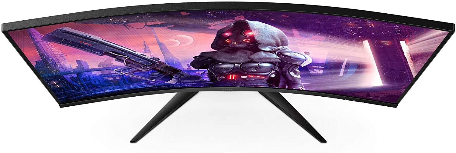 Gebogener Monitor zeigt eine futuristische Sci-Fi-Szene. Der Monitor ist schwarz und hat ein schlankes Design.