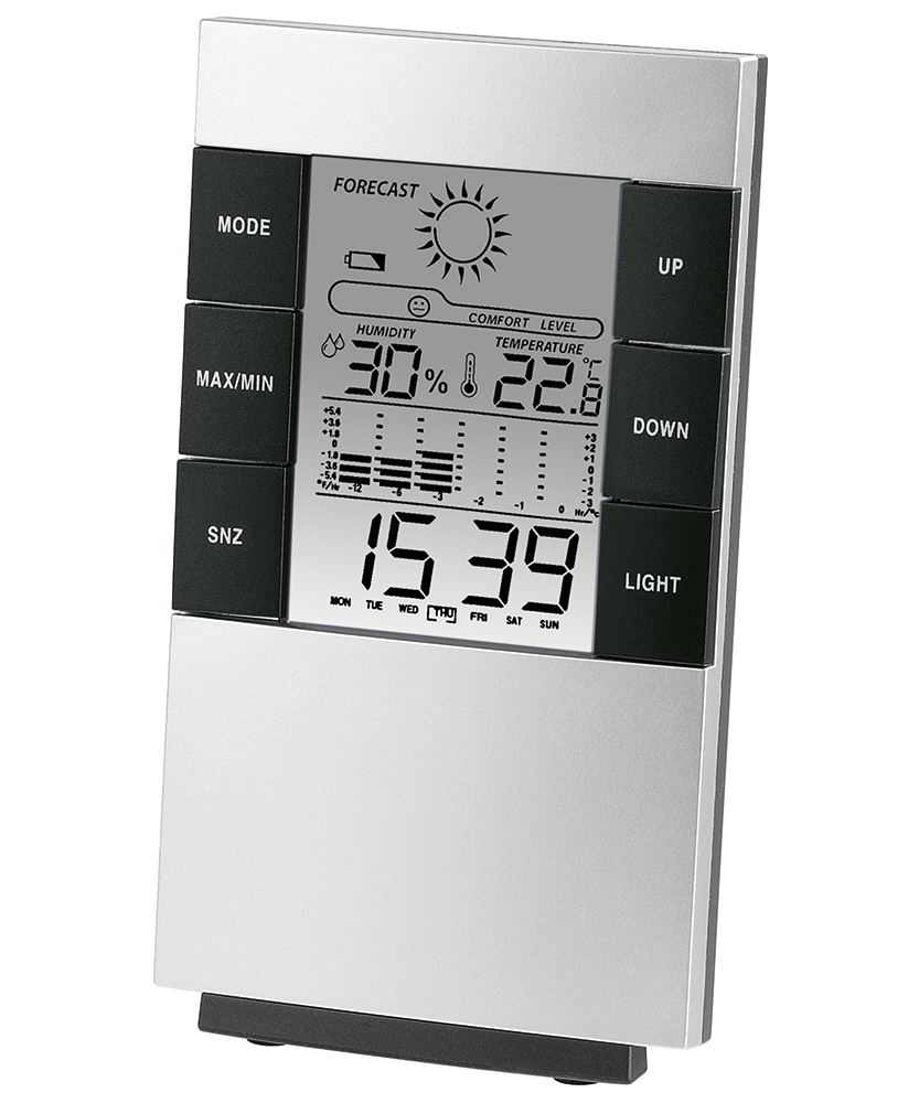 Digital weather station with clock, humidity, and temperature displays. Buttons on the side.