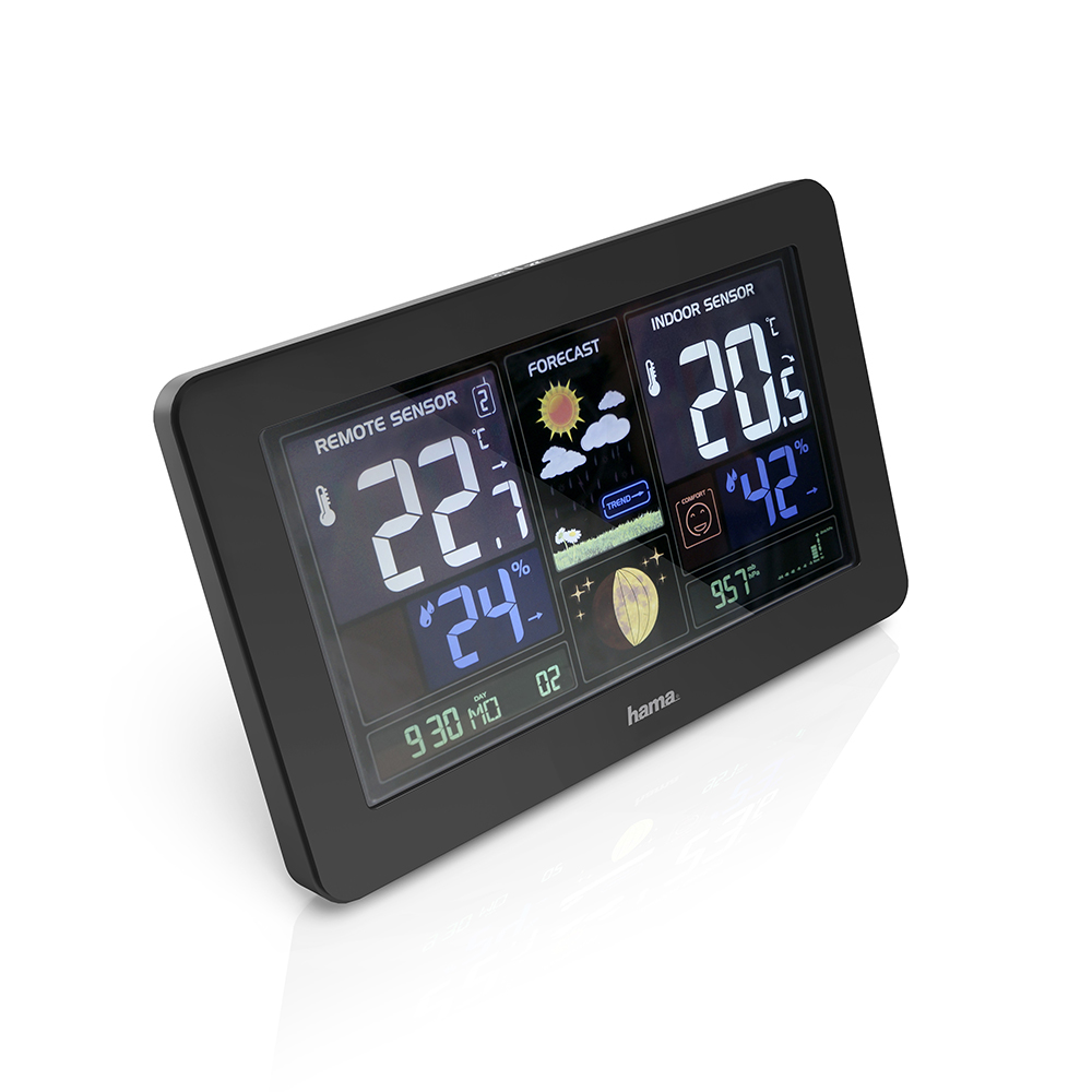 Black weather station with a digital display showing temperature, humidity and forecast icons.