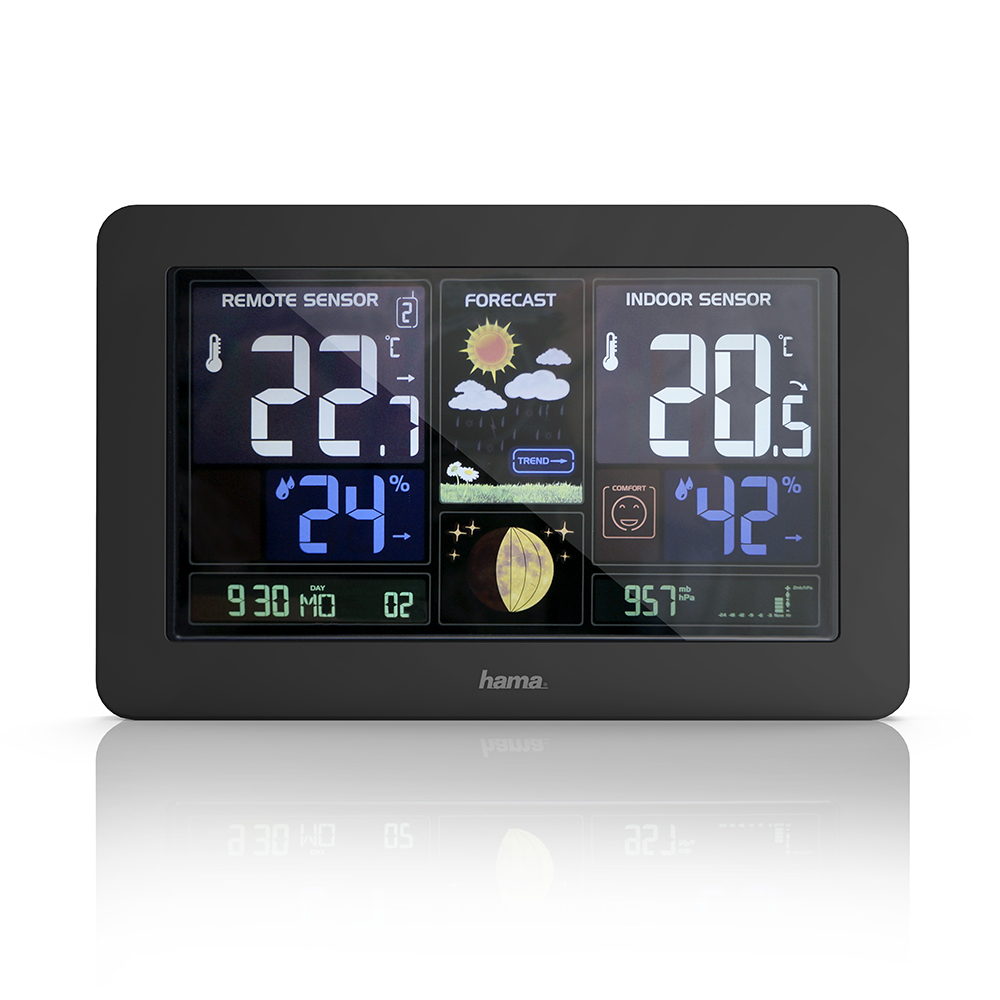 A black weather station displays temperature, humidity, and weather forecasts.