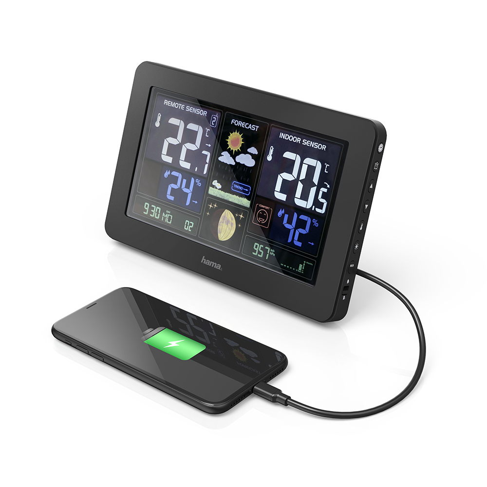 Black weather station with phone charging. Displays temperature, forecast, and phone screen with charging icon.