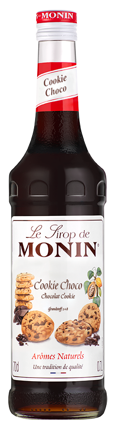 Eine Flasche MONIN Cookie Choco Sirup mit Keksen und Schokoladenbildern.