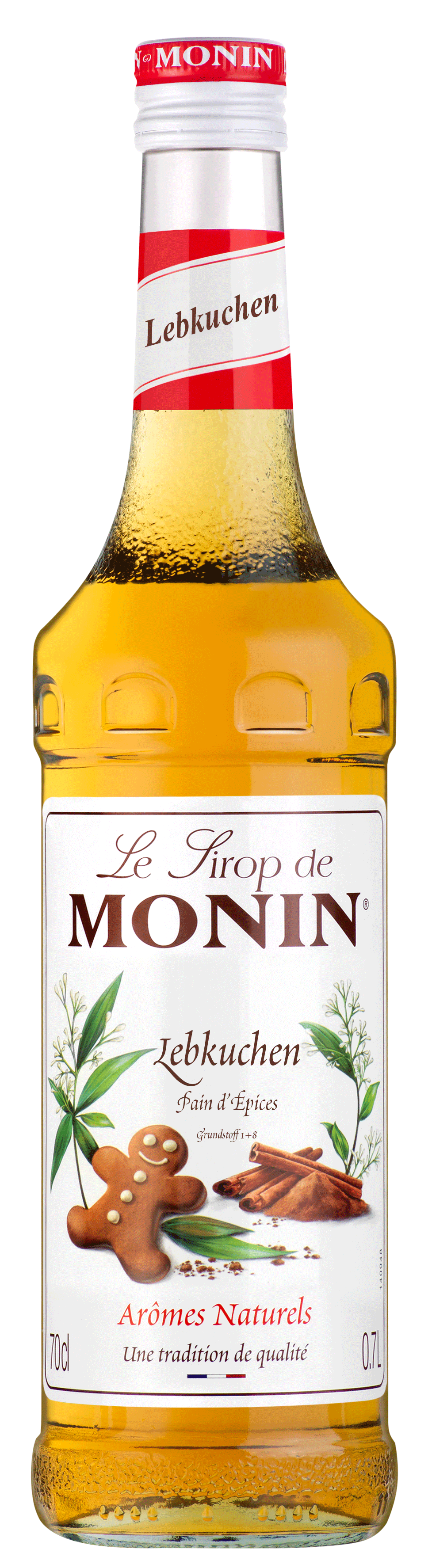 Monin Lebkuchen Sirup Flasche. Etikett zeigt Lebkuchenmann, Gewürze und Branding.