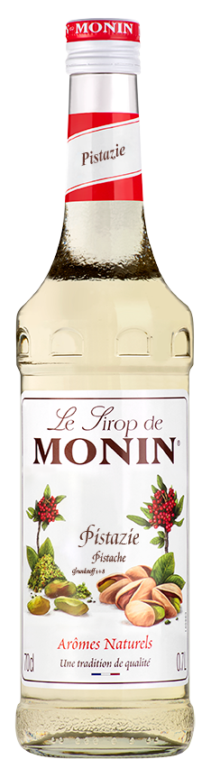 Glasflasche Pistazie-Sirup mit grünen Pistazien-Illustrationen und der Marke Monin.