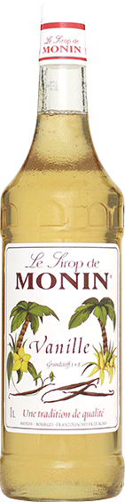 Eine Sirupflasche 'Le sirop de Monin Vanille' mit Vanilleschoten und Palmen auf dem Etikett.