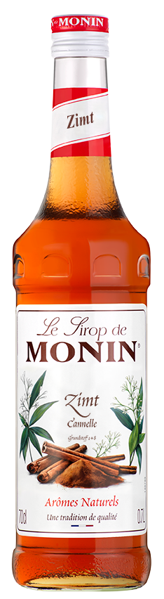 Glasflasche ZImt-Sirup, Zimt-Illustrationen und die Marke Monin.