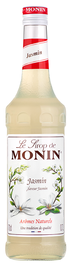 Eine Flasche Jasmin-Sirup, ein weißes Etikett und ein weißer Deckel.