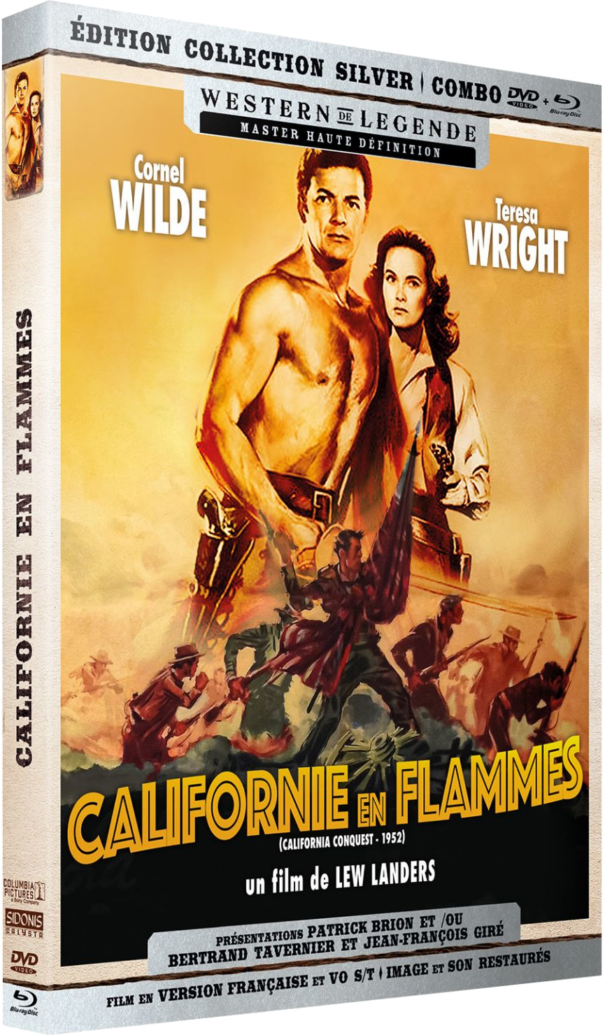 Filmposter met man en vrouw voor een vurige achtergrond. Titel: California en Flammes.