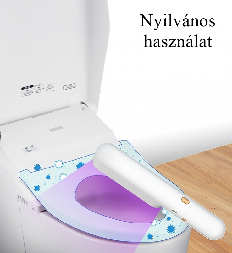 WC-üléket fertőtlenítenek egy kézi eszközzel. Szöveg a háttérben.
