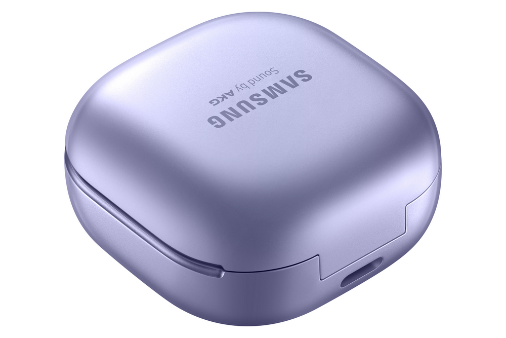 Estuche de auriculares lavanda cerrado, vista superior, con texto 'SAMSUNG Sound by AKG'.