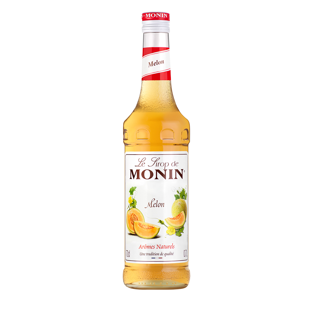 Monin-Sirupflasche, Melon-Etikett, mit Bildern von Melone und Blättern.