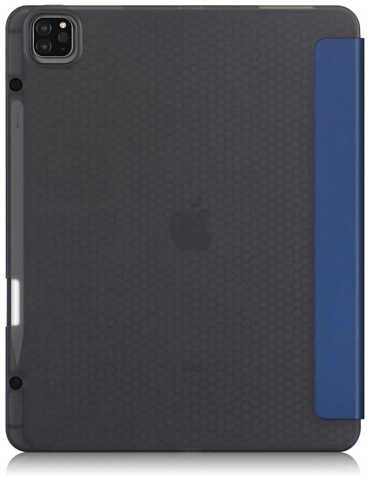 Fekete iPad tok kék gerinccel és Apple logóval.