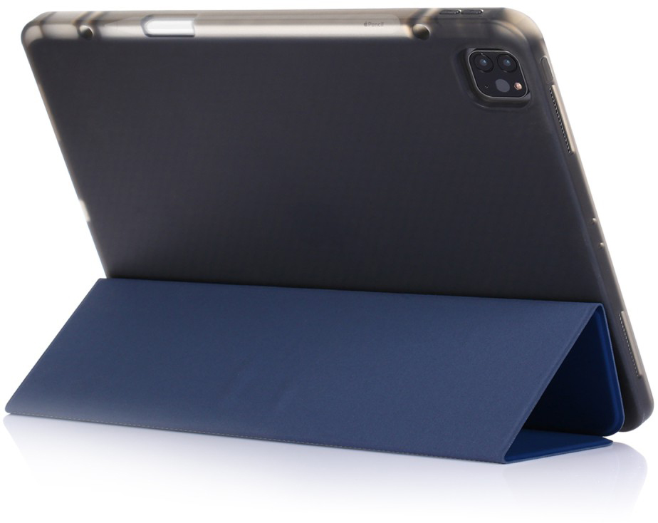 Egy kék tablet védőtokban, állvánnyal.