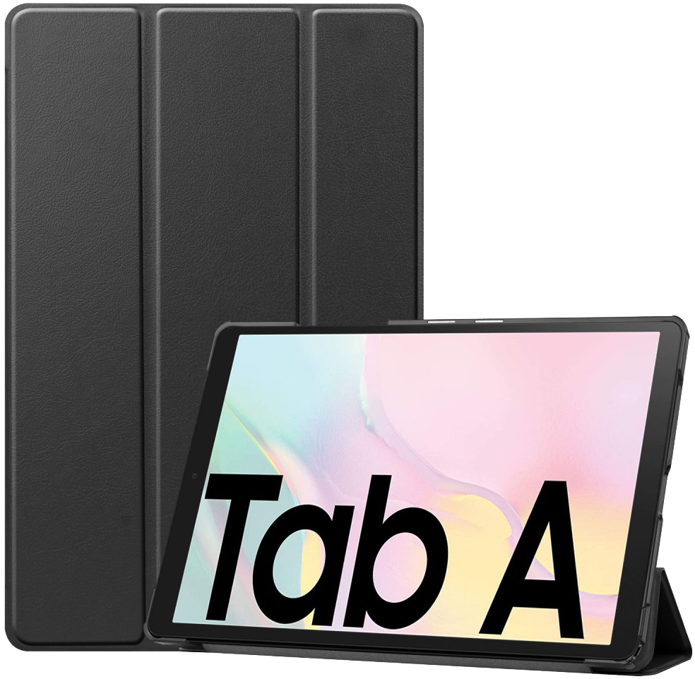 Fekete tablet fekete tokkal. A képernyőn a Tab A látható. A tok mögötte össze van hajtva.