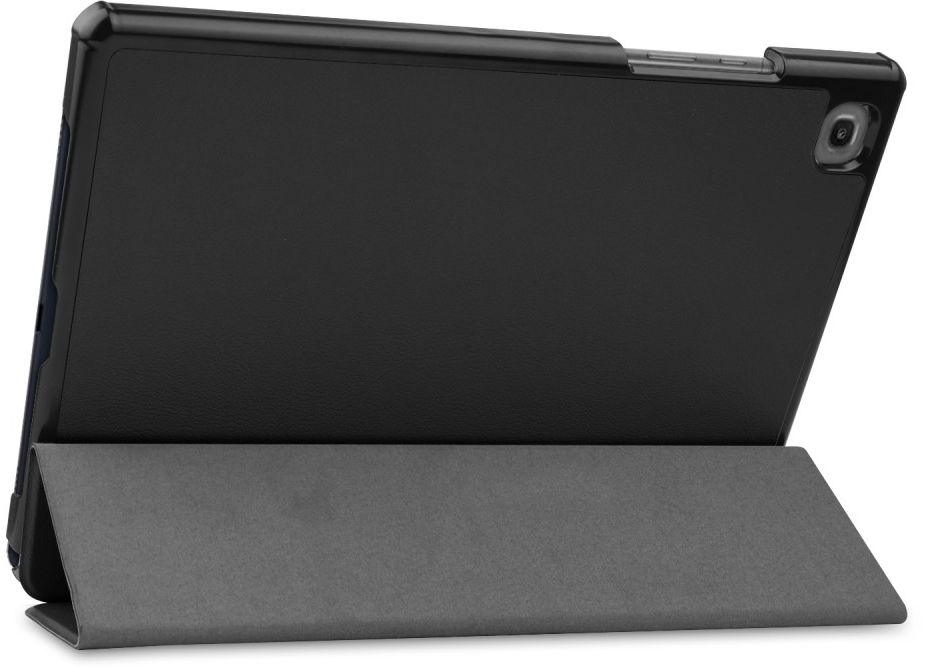 Fekete tablet tokkal. A tok össze van hajtva, hogy tartsa a tabletet.